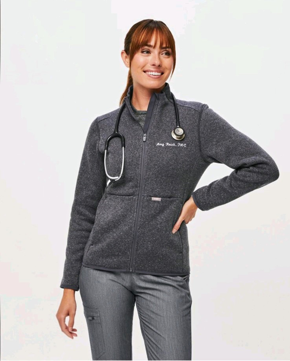 FIGS Women's On-Shift Dark Heather Gray Full Zip Knit Jacket Regular S